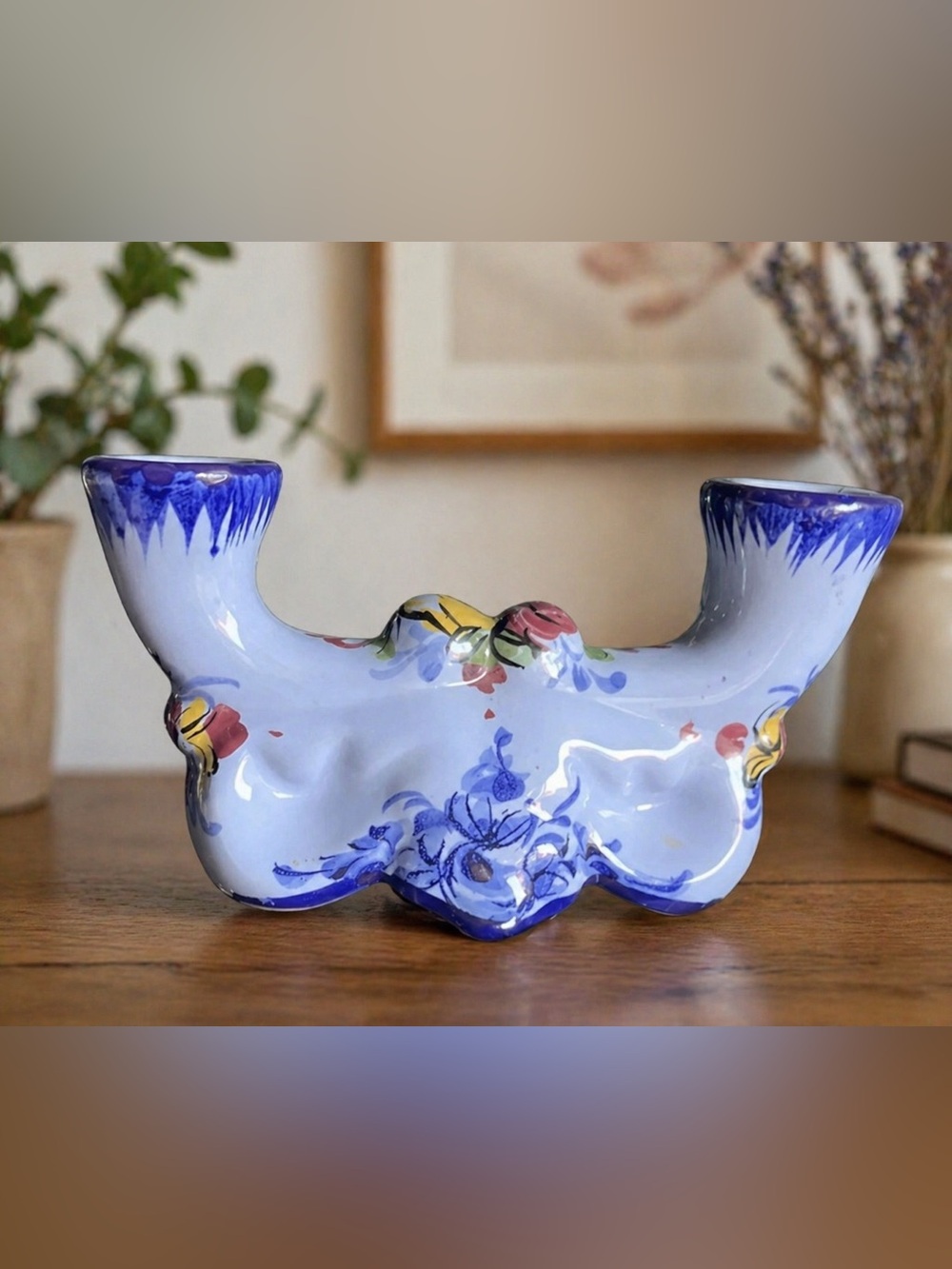 Hand-Painted Porcelain Double Candle Holder with Floral Motif